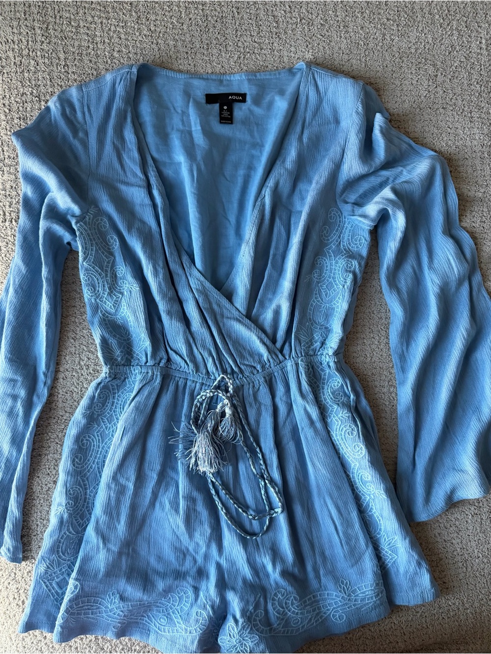 Aqua Sky-Blue Embroidered V-Neck Tassel Romper